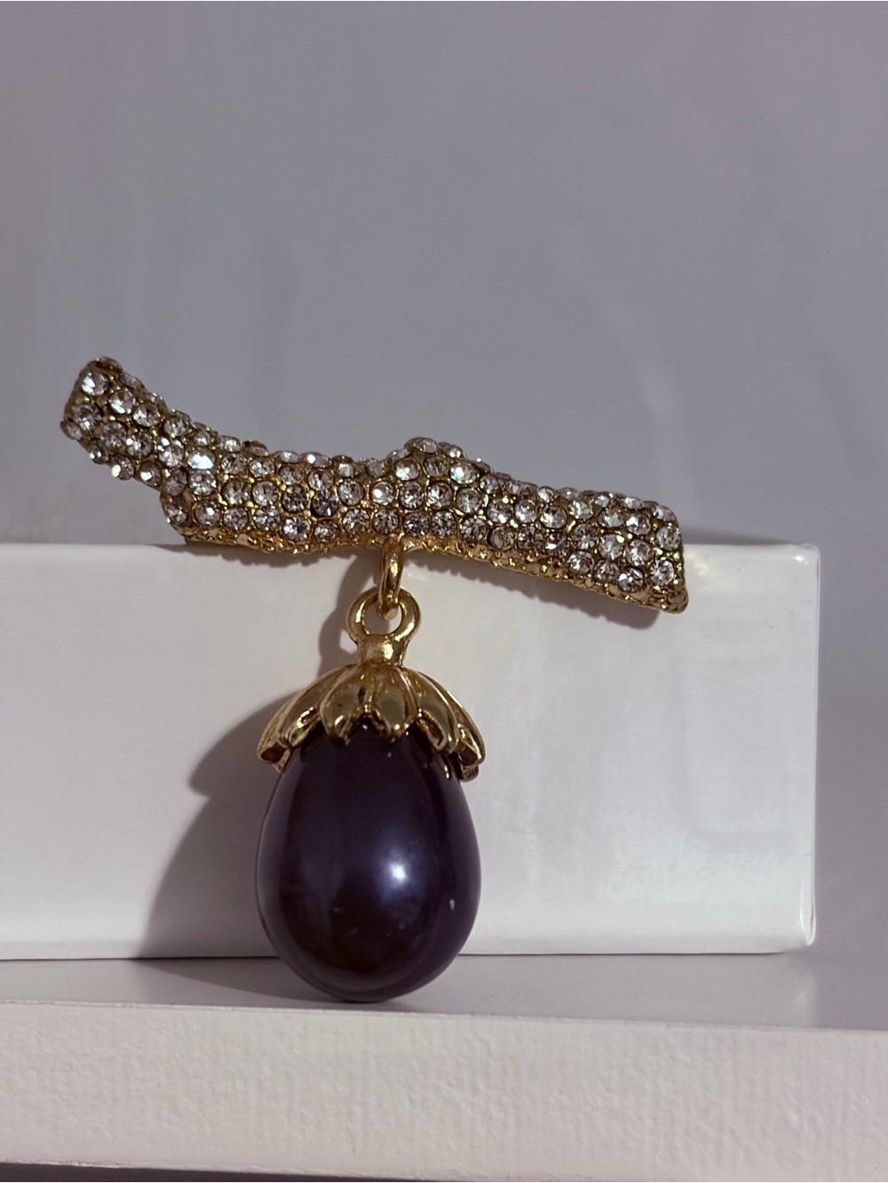 Gold Crystal Bar Brooch with Deep Purple Pearl Drop